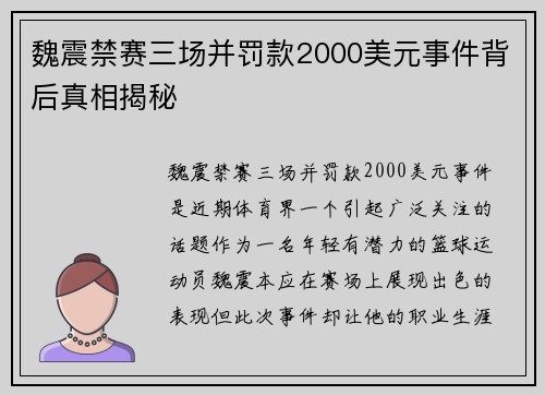 魏震禁赛三场并罚款2000美元事件背后真相揭秘
